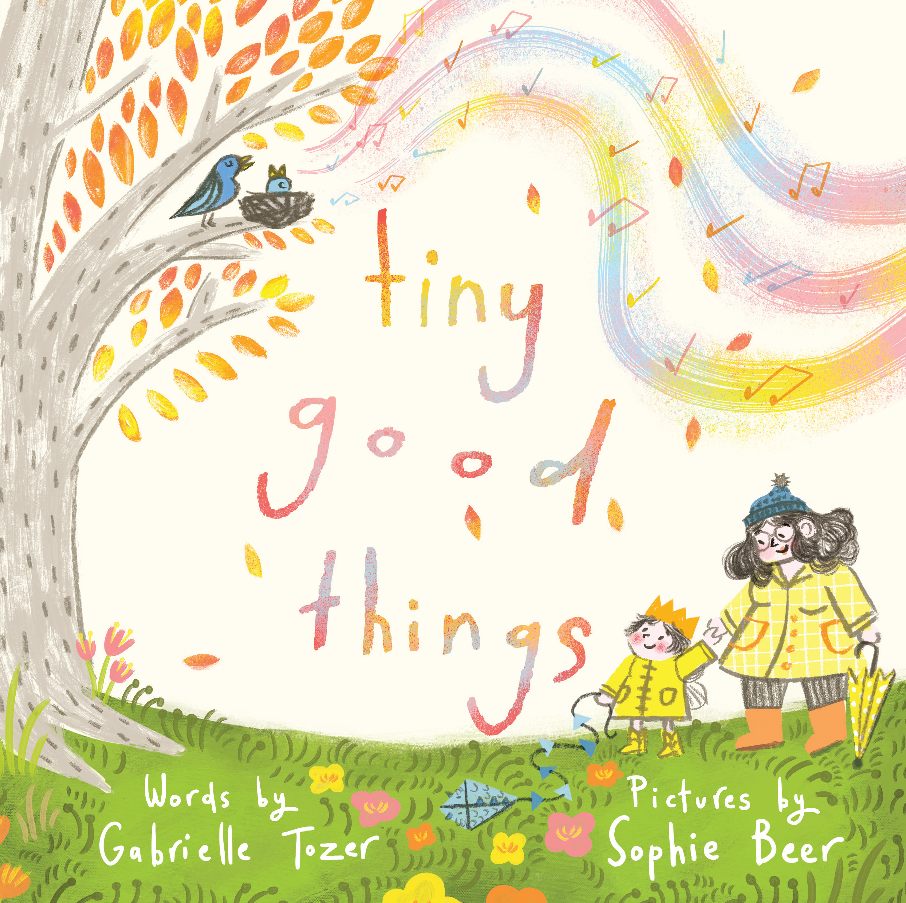 Book Cover for "Tiny Good Things" by Gabrielle Tozer featuring two figures standing underneath an Autumn tree loosing it's leaves.