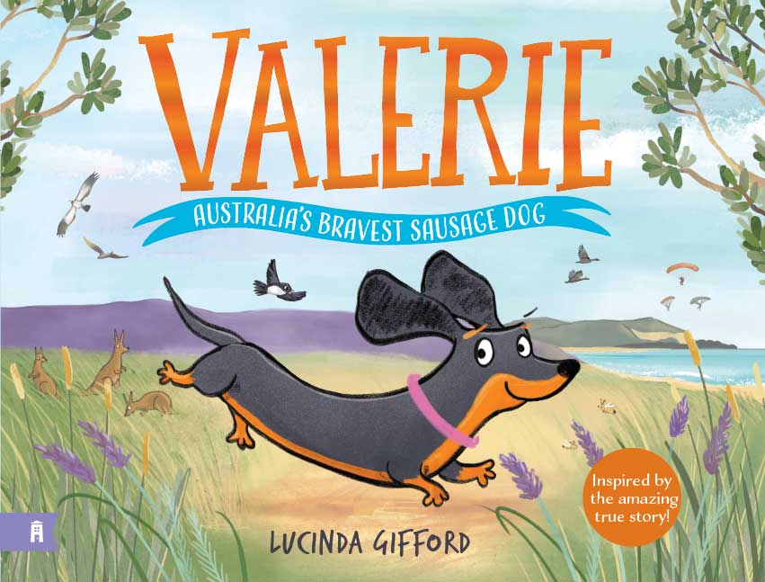Valerie Book cover for "Valerie" by Lucinda Gifford featuring a dog running through grass and flowers with the sea in the background.